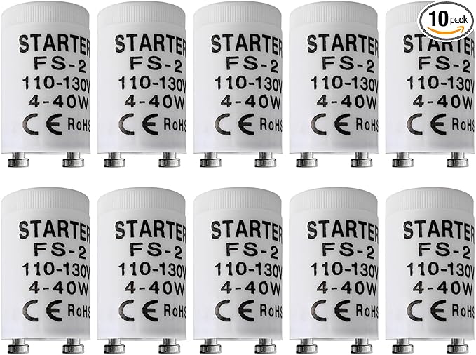 Fluorescent Starter, 4-40W, T8, 10 Count, Indoor, Long Lasting, 1.1E+2V AC, Compatible with GE, FS-2, FS-5, Preheat Fluorescent Lamps