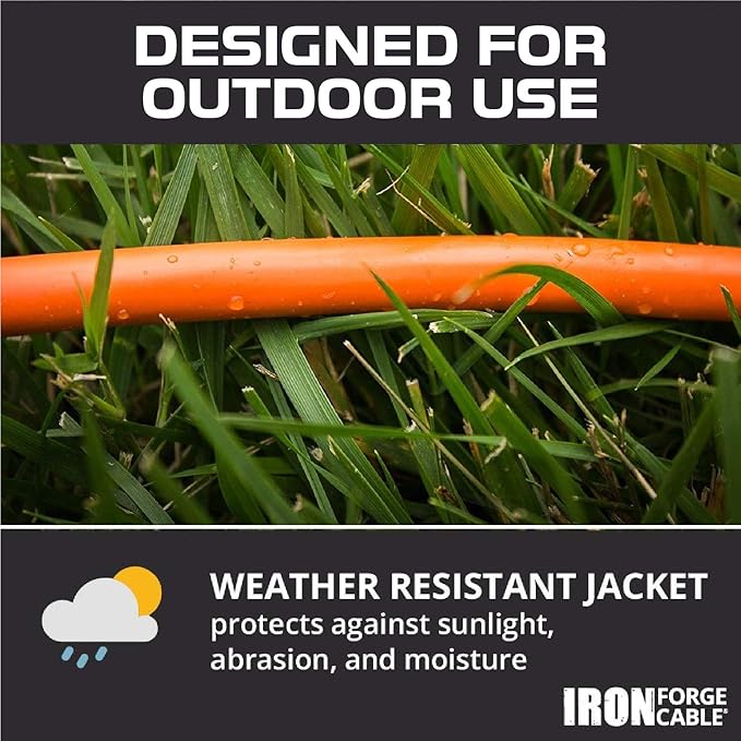 Iron Forge Cable Weatherproof 10 Ft Outdoor Extension Cord - 16/3 SJTW 13 Amp Heavy Duty Highly Visible Orange Extension Cord 3 Prong - Lighted End