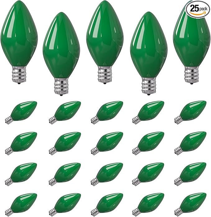 SUNSGNE 25 Pack Green Ceramic Christmas Light Bulbs St. Patrick's Light Bulbs for C7 Christmas St. Patrick's Day Decor, E12 Candelabra Base, 0.6W