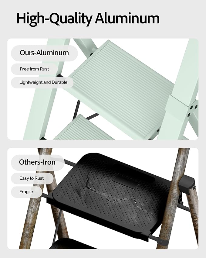 Taranta 4 Step Ladder, Lightweight Aluminum Step Stool with Convenient Handgrip, Folding Ladder with Anti-Slip Pedals, 330lbs Capacity Stepladder for Home, Office, Kitchen - Fairyland Green