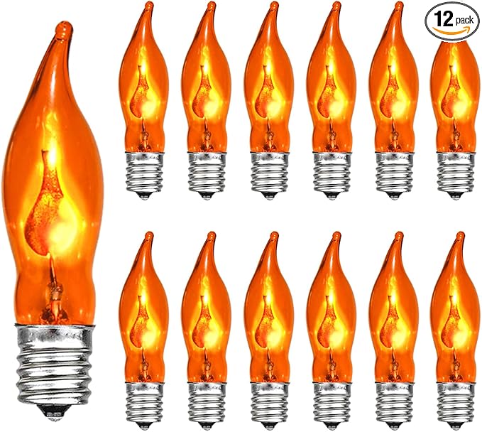12 Pack C7 Orange Flame Light Bulbs Flickering Orange Light Bulb for Halloween Fall Decor for Home Fireplace Chandelier Electric Candles & Fall Halloween String Light Bulbs Replacement, E12 Base, 1W