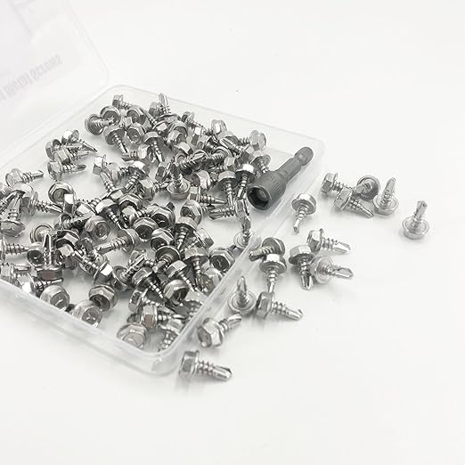 QSJ 110PCS #10 x 1/2'' Sheet Metal Screws 410 Stainless Steel Hex Washer Head Fast Self Tapping Screws with Screwdriver Bit Silver