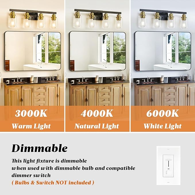 Bathroom Vanity Light, 4-Light Black and Gold Bathroom Light Fixtures with Clear Glass Shade, Bathroom Lighting Fixtures Over Mirror,Bath Black Wall Lights for Mirror Bedroom,Living Room