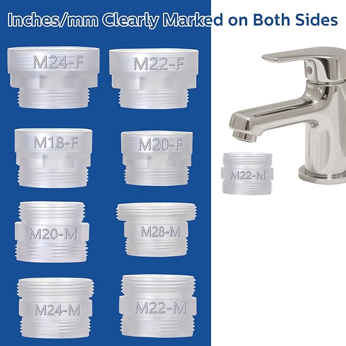 8PCS Faucet Adapter Set for Kitchen & Bathroom – HeavyDuty BPAFree ABS Male/Female Tap Converters with Inch & Metric Labels – Connects Brita, PUR Faucet Filters to Threaded Taps