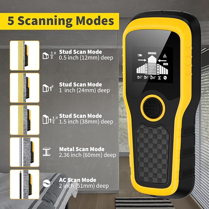 Stud Finder Wall Scanner, Advanced 5-in-1 Detector for Wood, Metal, Joists, Pipes, and AC Wires, New version Intelligent Chip, High-Definition LCD Display Screen & Audible Alarm (Light-Yellow)
