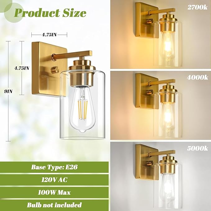 Modern Gold Wall Sconces,9'' Gold Brass Sconce, Bathroom Glass Wall Sconce
