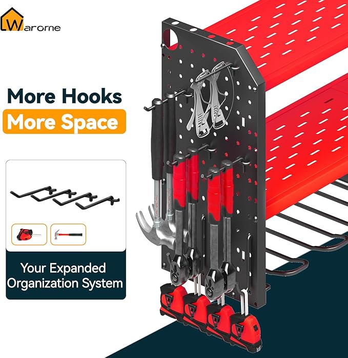 Warome Garage Power Tool Organizer with 8-Outlet Power Strip, Tool Storage Rack Wall Mount with 8 Cordless Drill Holders, Tool Organization Shelf with Charging Station in Red