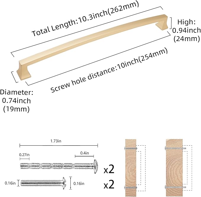 COTYKILEY 6 Pack 10 Inch(254mm) Brushed Brass Cabinet Handles Gold Kitchen Cabinet Pulls Cabinet Door Handles Kitchen Cabinet Hardware