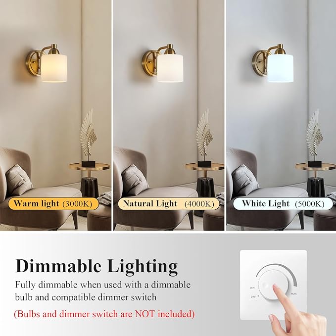 Gold Milk Glass Wall Sconces, 1 Pack Hardwired Indoor Wall Light Fixtures for Living Room, Hallway, Bedroom, Ceramic E26 Sockets (Bulbs Not Included)