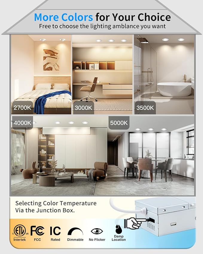 Adetu 3 Inch Gimbal Led Recessed Lighting, 360°+90° Adjustable Directional Recessed Lights, 2700K/3000K/3500K/4000K/5000K Dimmable Retrofit Eyeball Can Lights with Jbox,ETL (White, 12 Pack)