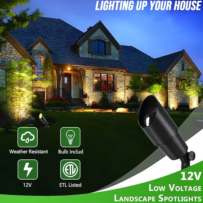 wowlite Matte Black Aluminum Outdoor Spot Lights with 4 Light Bulbs, 5W 2700K Warmlight 12V Low Voltage Landscape Lighting Fixture, IP65 Waterproof LED Uplights for Garden Courtyard Pathway, 4 Pack