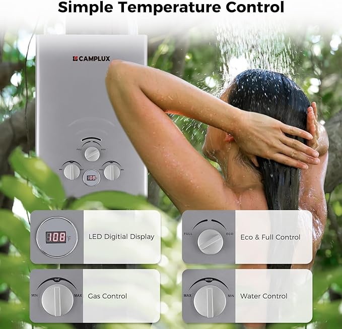 CAMPLUX Portable Water Heater 1.58 GPM, BW158G Propane Water Heater Outdoor, 41,000 BTU, Camping Shower, Easy to Install, Gray