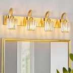 Modern Bathroom Vanity Light, 4-Light Gold Wall Sconce with Crystal Accents, Over Mirror Bathroom Lighting Fixture, 32.67" Long Dimmable Vanity Lamp for Makeup, Easy Installation