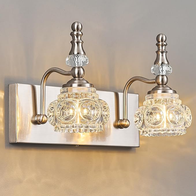Modern Glass Crystal Vanity Light - Vintage Bathroom Lighting Fixtures Over Mirror, 2 Light Vanity Lights G9 Bulb (11.81 Inch, Nickel)