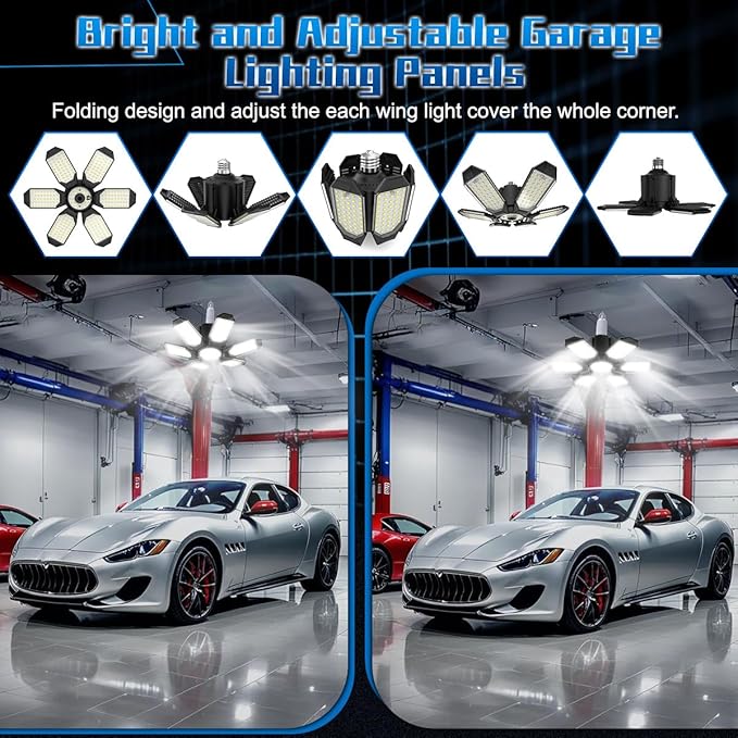 LED Garage Lights - 30000LM Super Brighter Garage Lighting w/ 6 Deformable Panels 6500K Led Shop Lights E26 Screw in Base for Basement Workshop Warehouse Attic - 2Pack