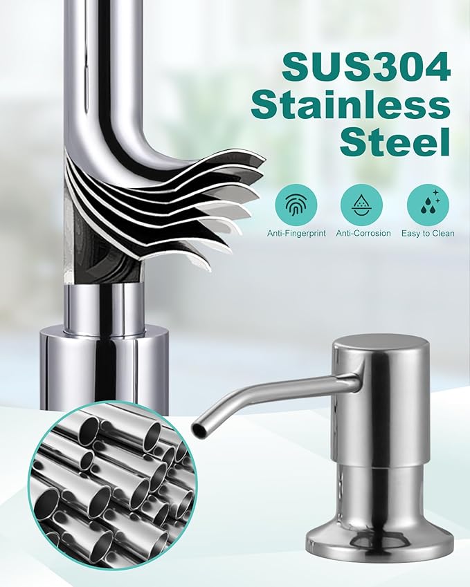 Chrome Kitchen Faucet with Soap Dispenser: Stainless Steel Kitchen Faucet with Pull Down Sprayer for Sink 2 or 4 Hole - 3 Modes Single Handle Kitchen Sink Faucets for Farmhouse RV Laundry Bar