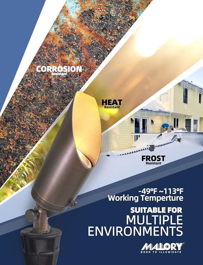 MALORY Brass Landscape Spotlight 10-Pack with 5W LED MR16 Bulb(S03), 12V AC/DC Low Voltage Outdoor Landscape Lighting Shroud Adjustable,Ground Stake and Wire Connector Included,2700K Warm White