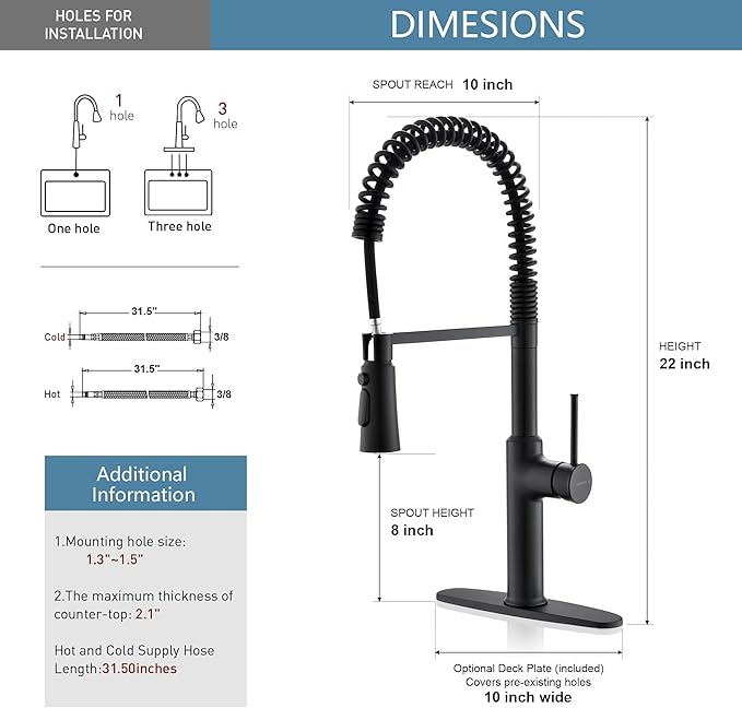 Brass Matte Black Kitchen Faucets, Brass 22 inch Commercial High Arc Single Handle Kitchen Faucets for Pull Down Sprayer Modern Spring with Deck Plate