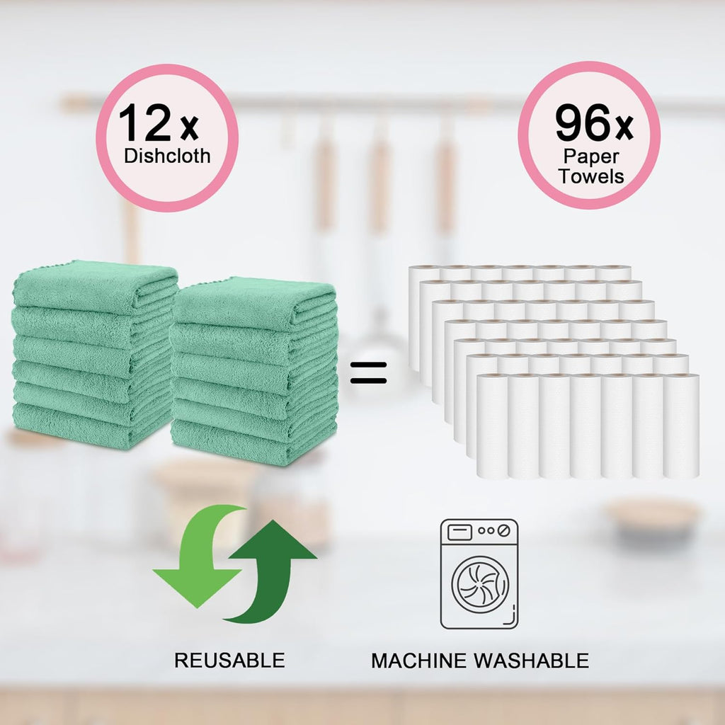 kimteny Kitchen Cloth Dish Towels, 13x28 Inches Premium Dishcloths, Super Absorbent Coral Velvet Microfiber Cleaning Cloths, Fast Drying Rags for Washing Dishes (13x28-12 Pack, Green)