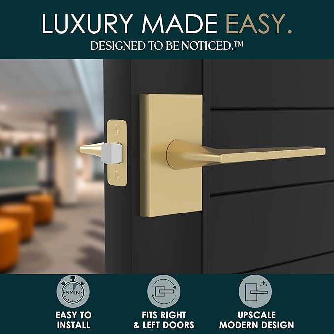 Mega Handles Apex Passage Door Handle - 1 Pack Reversible Gold Door Handle, Heavy Duty No Lock Door Handles Interior for Closet & Hallway, Fits All Standard Door Sizes - Satin Brass