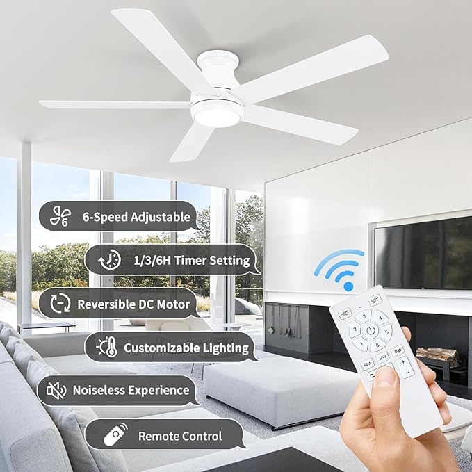 60 Inch White Ceiling Fans with Lights and Remote, LED Low Profile Flush Mount Ceiling Fan for Bedroom, Living Room, Quiet DC Motor, Dimmable 6 Speeds