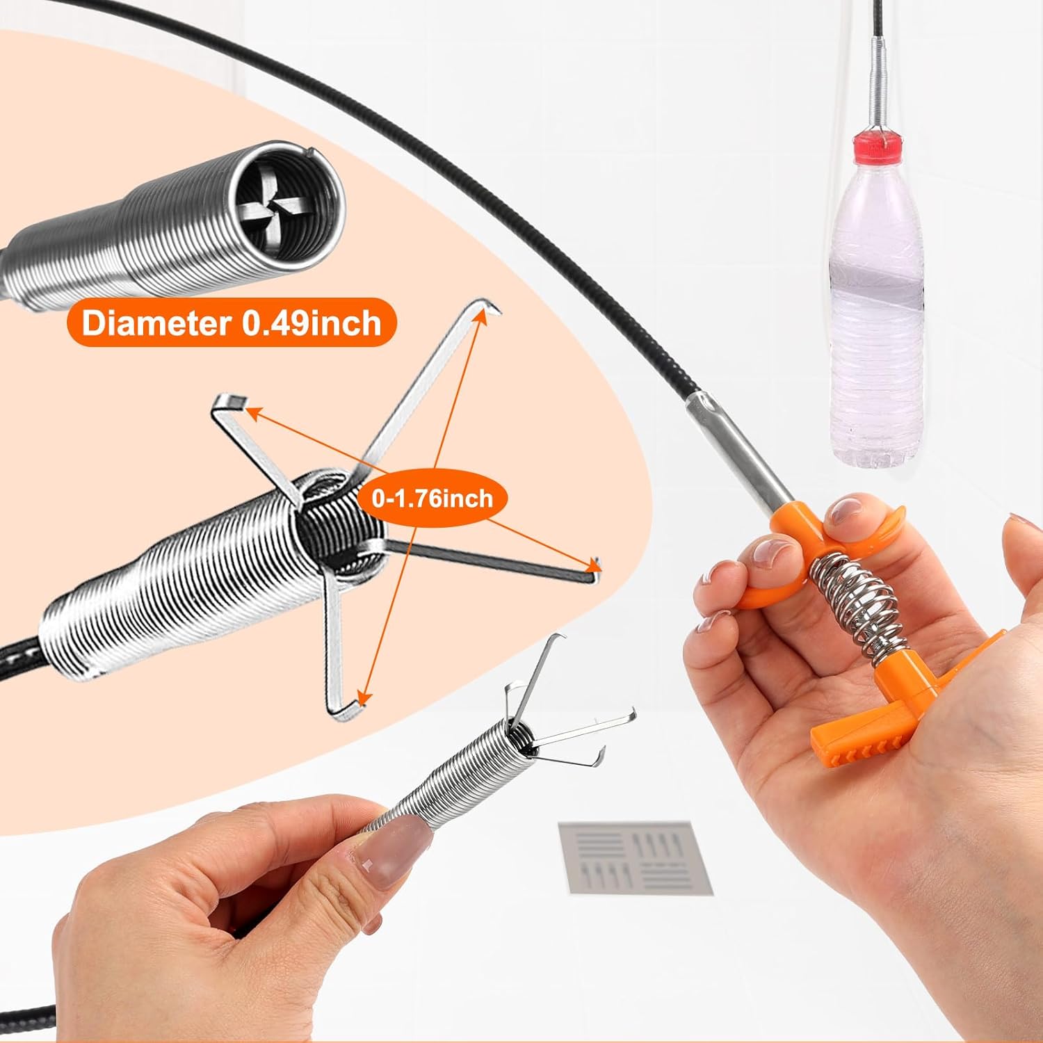Drain Snake Tool Set, 61in Flexible Grabber Tool 1 Pcs, Hair Drain Clog Remover 2 Pcs, Cleaner Brush Tool 2 Pcs, Spring Unclogger (1 Pcs) for Toilet Sink Sewer Bathroom Tub Clogged, Car, Fridge