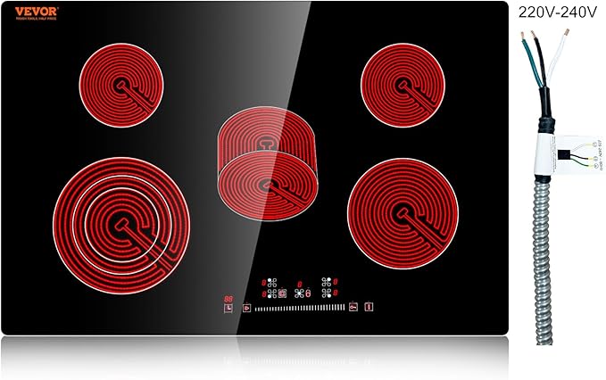 VEVOR Built in Electric Stove Top, 30 inch 5 Burners Ceramic Cooktop, 240V Glass Radiant Cooktop with Sensor Touch Control, Timer & Child Lock Included, 9 Power Levels for Simmer Steam Slow Cook Fry