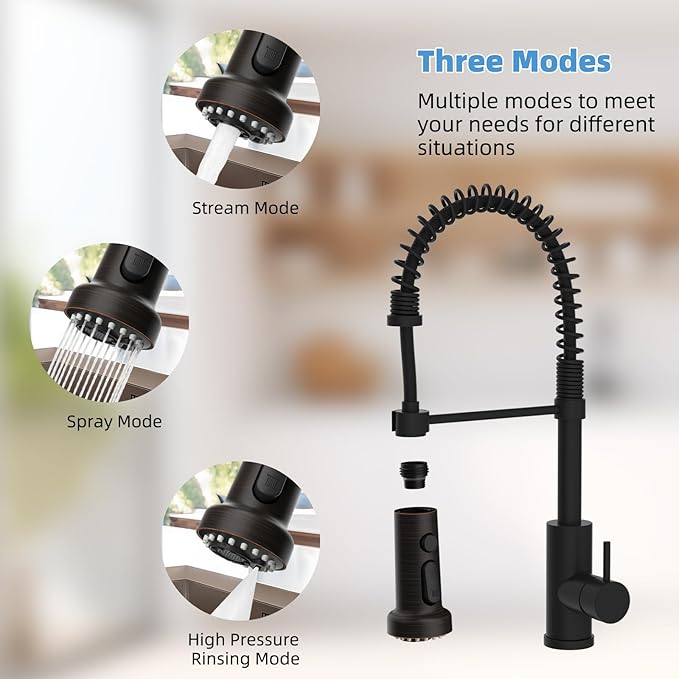 Hibbent Stainless Steels Pull Down Kitchen Faucet Head Replacement, 3 Function Sink Sprayer Head with 15 Adapters, Compatible with Moen, American Standard, Delta, Kohler Faucets, Oil-Rubbed Bronze