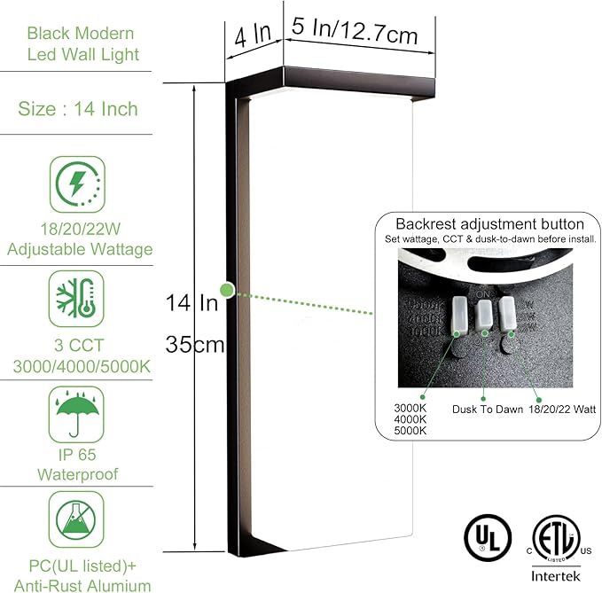 Modern Black Outdoor Wall Light Fixtures, 18/20/22W Porch Lights, IP65 Waterproof, 3-Color Temp Adjustable, Dawn to Dusk Exterior Sconces for House, Front Door, Rectangular Wall Mount