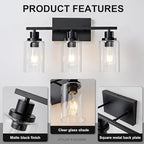 3 Light Bathroom Light Fixtures Black Vanity Light Over Mirror Modern Farmhouse Wall Lighting Sconces Rustic Industrial Wall Lamp for Bathroom, Bedroom, Living Room E26 Socket with Glass Shade