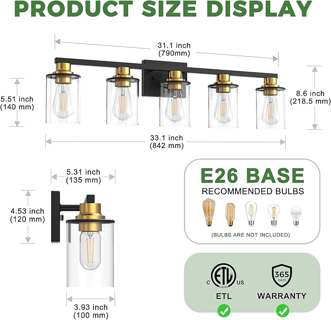 DORESshop Bathroom Light Fixtures, 5-Light Gold and Black Bathroom Lighting Fixtures Over Mirror with Clear Glass Shade, Vanity Lights for Hallway Living Room Bedroom