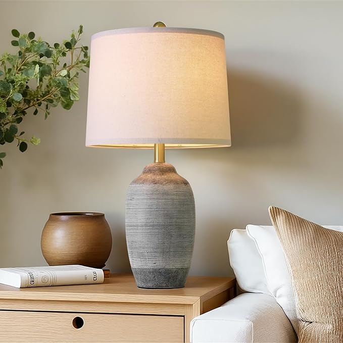 24.5" Vintage Ceramic Table Lamp - Single Farmhouse Rustic Bedside Lamp with Natural Textured Finish, Nightstand Lamps for Living Room, Bedroom, End Table, Office Dark Grey