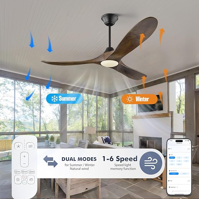 52 Inch Smart Ceiling Fan with Lights, Outdoor Ceiling Fans for Patios Damp Rated, 3 Blades Propeller Walnut Wood Farmhouse Ceiling Fan, Large Airflow DC Ceiling Fan with Remote/APP/Alexa Control