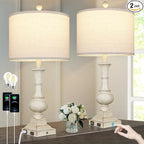 26" Farmhouse Table Lamps Set of 2, Rustic Touch Control Bedside Lamps with 2 USB Ports & AC Outlet, Vintage White Resin 3-Way Dimmable Nightstand Lamp Linen Fabric Shade for Living Room Bedroom Decor