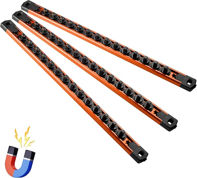 Magnetic Socket Organizer, 3-Piece Heavty Duty Aluminum Socket Holder, Socket Rail for Tool Box, Premium Quality 360° Swivel Socket Rack with 42 Clips for 1/4-Inch(Orange)