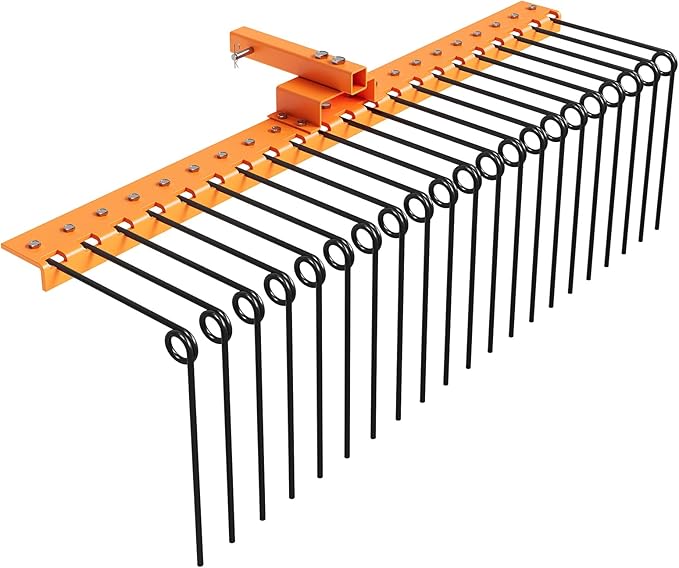 Tow Behind Landscape Rake, 60" Tow Dethatcher with 21 Steel Coil Tines, Lawn Dethatcher Rake Attaches to 48" or 60" Toolbars and 3-Point Suspension Systems, for Leaves, Pine Needles, and Grass, Orange