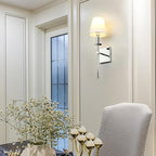 PERMO Single Classic Rustic Industrial Wall Sconce Lighting Fixture with Flared White Textile Lamp Shade and Chrome Tapered Column Stand