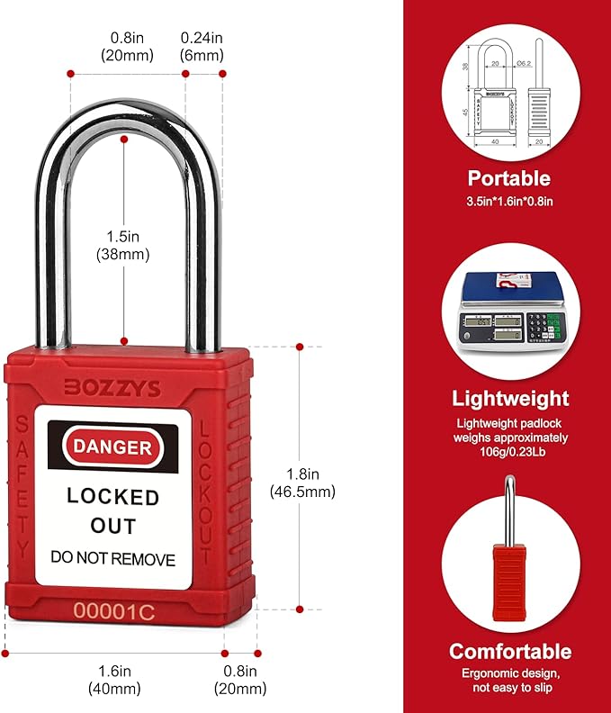 Lockout Tagout Locks 6-Pack｜OSHA Red Loto Locks Keyed Different｜2 Keys/Lock for Industrial Machinery & Electrical Panels｜Chrome Steel & Laser Coding