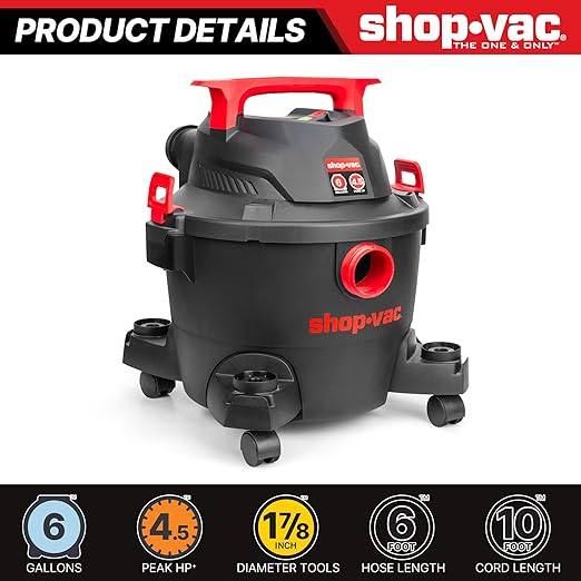 Shop-Vac 6 Gallon Wet/Dry Vacuum, 4.5 Peak HP Shop Vacuum with Blower, 1-7/8 Inch Diameter x 6 Foot Hose, 10 Foot Cord, Ideal for Jobsite, Garage, Workshop & Home