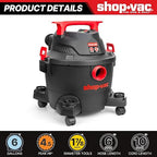 Shop-Vac 6 Gallon Wet/Dry Vacuum, 4.5 Peak HP Shop Vacuum with Blower, 1-7/8 Inch Diameter x 6 Foot Hose, 10 Foot Cord, Ideal for Jobsite, Garage, Workshop & Home
