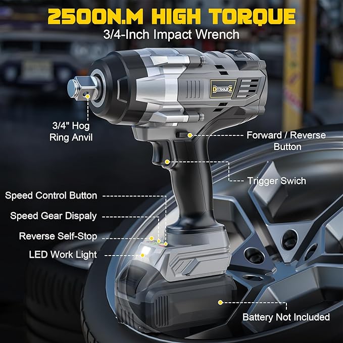 3/4" Cordless Impact Wrench Compatible with Dewalt 20V Battery: 1850FT-LBS(2500N.m) High Torque Impact Driver, Auto-Stop Reverse, 4-Speed Heavy Duty Impact for Car/Truck/Mower(Bare Tool)