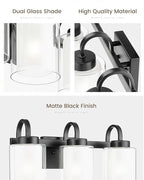 TENGXIN 3-Light Bathroom Vanity Light, Black Vanity Light Over Mirror, Farmhouse Wall Sconces with Dual Glass Shade, Modern Wall Lamp for Bedroom Hallway Living Room Cabinet