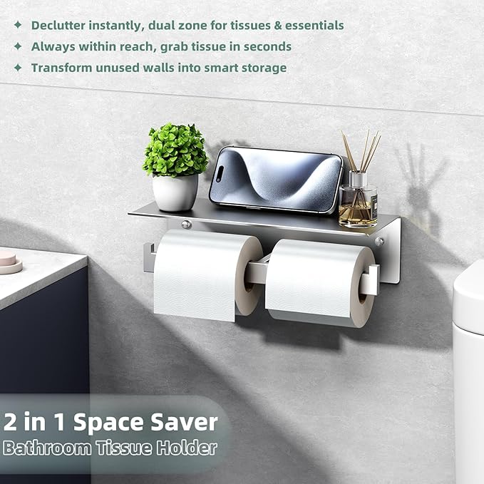 APLusee Double Toilet Paper Holder with Shelf, 304 Stainless Steel Brushed Nickel Bathroom Tissue Holder, Commercial Paper Roll Dispenser Wall Mounted