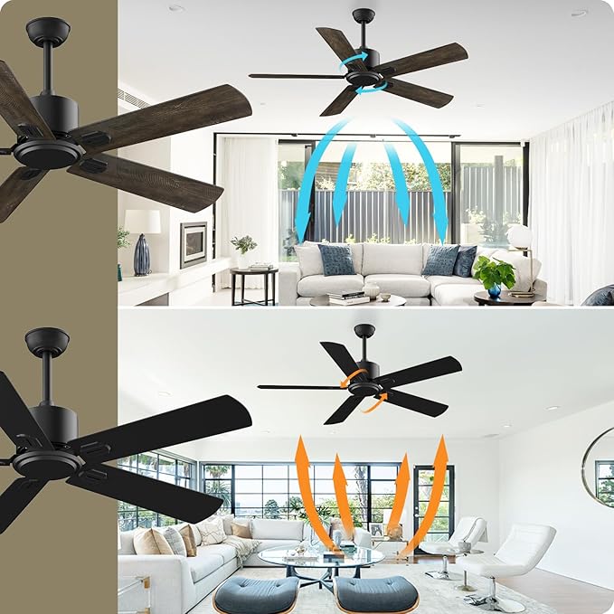52 Inch Ceiling Fan No Light - Outdoor Indoor Flush Mount Low Profile DC Motor Fan with Remote, 5 Blades Reversible Silent Fan for Patio, Bedroom, Living Room, Garage, Brown