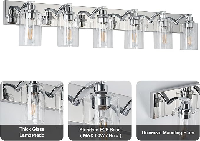 6-Light Bathroom Light Fixtures Modern Chrome Vanity Lights for Bathroom Lighting Fixtures Over Mirror with Clear Glass Shade for Cabinet Mirror Bedroom Hallway