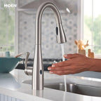 Moen 87014EWSRS Essie MotionSense Wave One-Handle Touchless Kitchen Faucet with Pull Down Sprayer and Soap Dispenser, Spot Resist Stainless