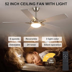 52 Inch Ceiling Fans with Lights and Remote, Modern Indoor Outdoor Ceiling Fan for Bedroom Living Room Patio Porch, 6 Speeds, Reversible Quiet Motor, Dual Finish Wooden Blades, Nickel