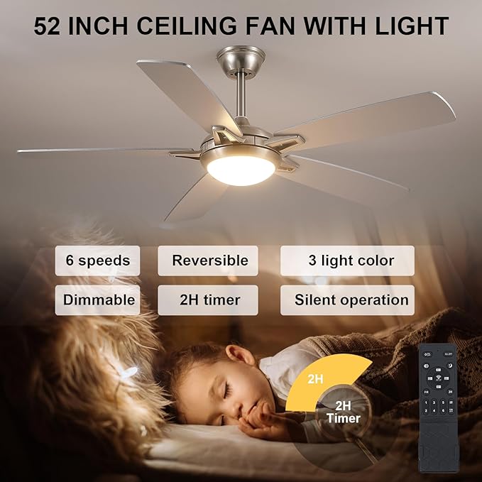 52 Inch Ceiling Fans with Lights and Remote, Modern Indoor Outdoor Ceiling Fan for Bedroom Living Room Patio Porch, 6 Speeds, Reversible Quiet Motor, Dual Finish Wooden Blades, Nickel