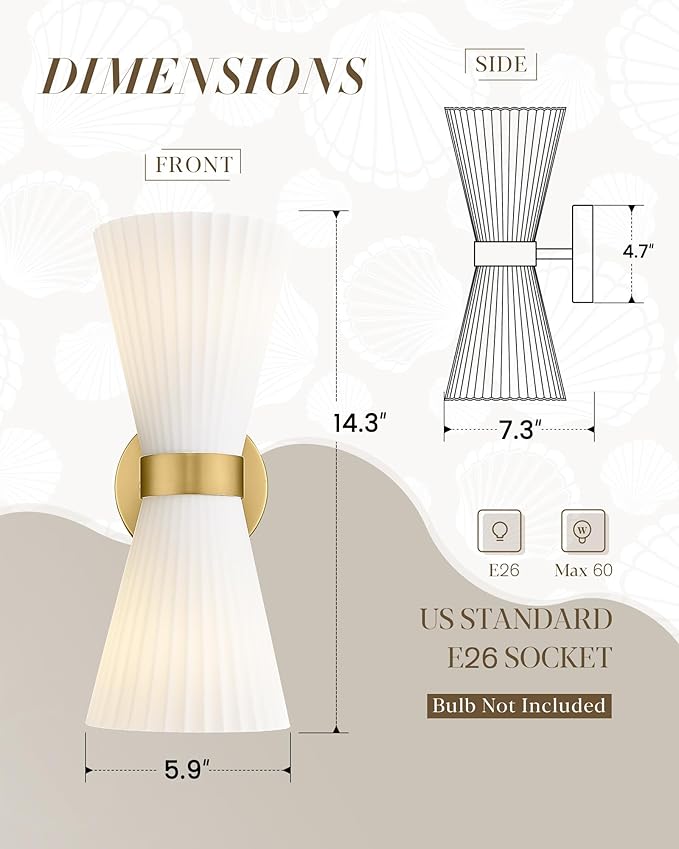 Modern Wall Sconce Set of 2, HWH 2-Light Up Down Wall Light Indoor Vanity Wall Lamp, Brushed Gold Bathroom Vanity Sconce Frosted White Striped Glass Shade, 5HZG97B-2W-2PK BG