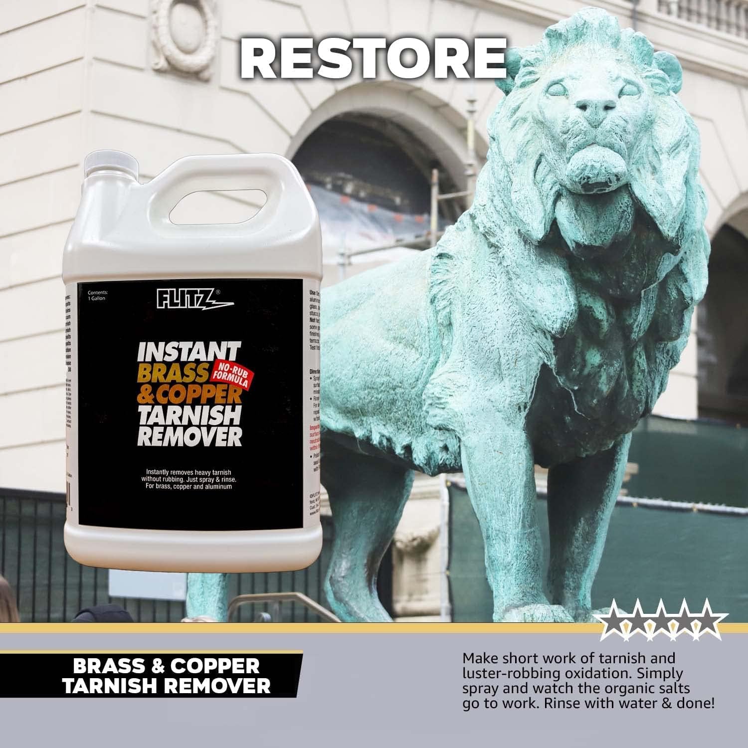 Flitz Instant Brass and Copper Tarnish Remover - 1 Gallon Bottle of USA-Made Organic Rust Remover Spray (No-Rub) - Removes Stains & Oxidation from Glass & Aluminum - Brass Cleaners That Work (1 Pack)